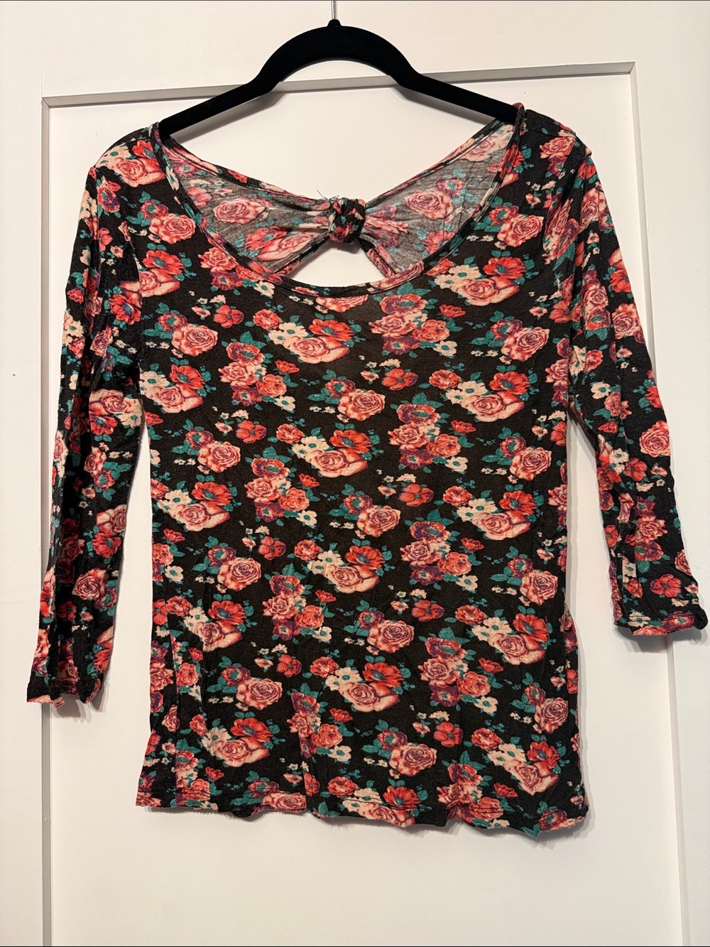 Charlotte Russe Black quarter -Sleeve Floral Top with Pink Roses